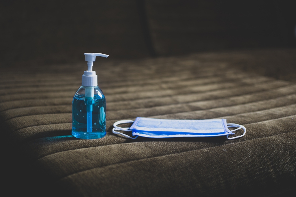 Alcohol sanitizer and medical mask with copy space,Corona virus,